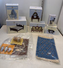 DOLLHOUSE COLLECTORS GROUP OF DOLLHOUSE FURNITURE, 6 BOXES 2 CARPETS KITCHENALIA