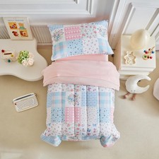 4 Piece Pink Blue Patchwork Toddler Bedding Set Microfiber Comforter