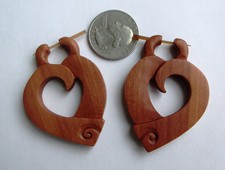 Pair Bali Organic Hand Carved Sawo Wood Heart Spiral Stirrup Hanger Hook Earring