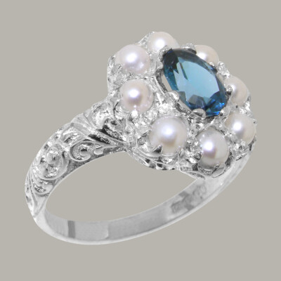 Massiver 14 kt Weißgold natürlicher London Blautopas & Perle Damen Cluster Ring