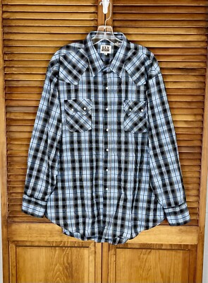 Ely Cattleman Light Blue Black Plaid Silver Metallic Threading Size  XXL Western