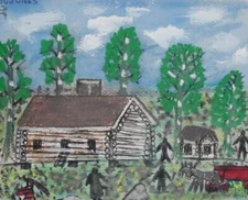OUTSIDER ART M.C. 5 CENT JONES SIGNED ORIGINAL PAINTING HOMESTEAD FARMING THEME