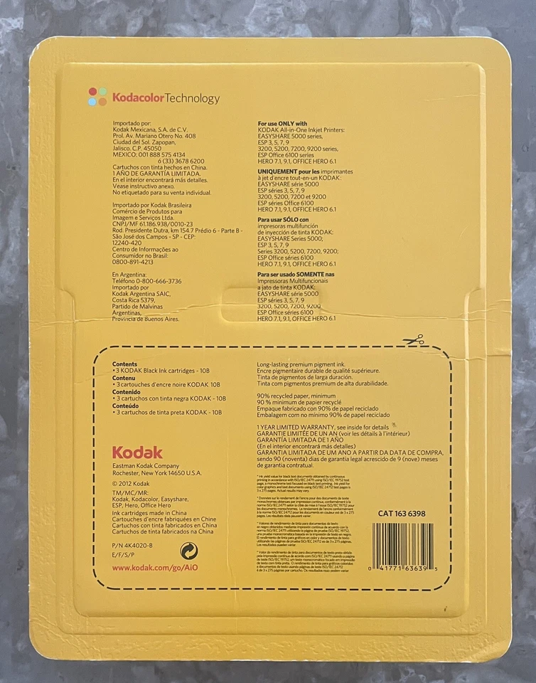Cartuchos de tinta originales Kodak 10B, paquete de 3 negros, fabricados en 2012, sellados Foto 2 de 4