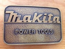 Vtg 70s Makita Power Tools Logo Solid Brass Chunky Belt Buckle USA Made 3.25"