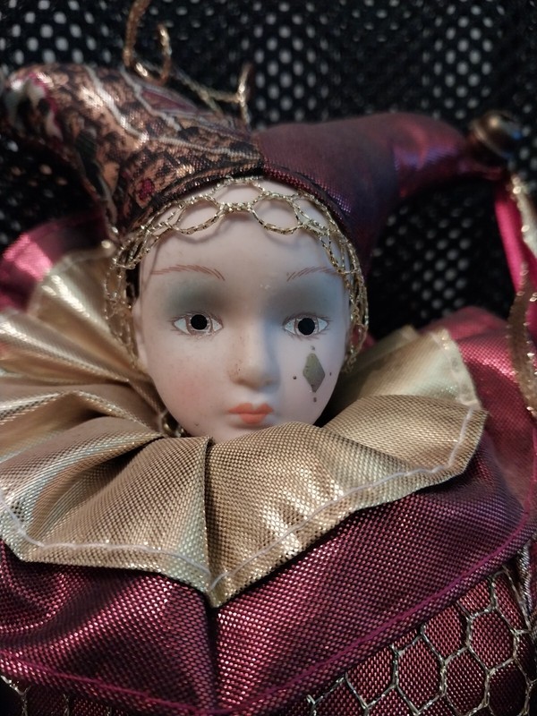 Beautiful Harlequin Doll 17 in Dressed In Iridescent red and gold designs