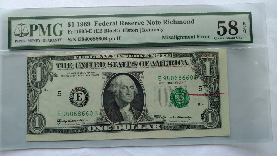 1969 $1 BILL FRN ERROR NOTE WITH RED REJECT MARK PMG 58 EPQ. - Image 2 of 4