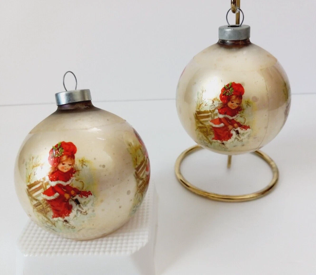 PAIR Vintage Mercury Glass Christmas Ornaments 70s Girl Red Dress ...