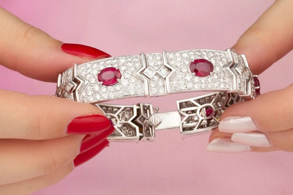 Exclusive Oval Cut Pigeon Blood Red Lab Created Ruby Women's Tennis Bracelet - Image 3 of 4