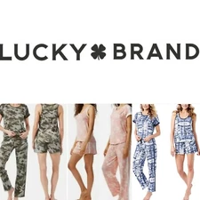 Lucky Brand Womens Pajama Set Blue Tie Dye 4-Piece PJ's Soft Stretch Pink Camo