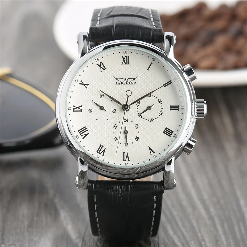 Reloj de pulsera mecánico automático con esfera blanca clásico para hombre JARAGAR correa de cuero genuino Foto 3 de 4