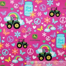 BonEful Fabric FQ Cotton Quilt Pink Green Rainbow Girl Farm Food JD Tractor SALE