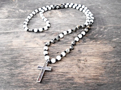 Mala Cross Necklace Mens Gemstone Pendant Steel Crucifix Cross Jasper Agate