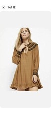 Free People Womens Erin Mini Embroidered Brown Neutral Long Sleeves Boho Dress M