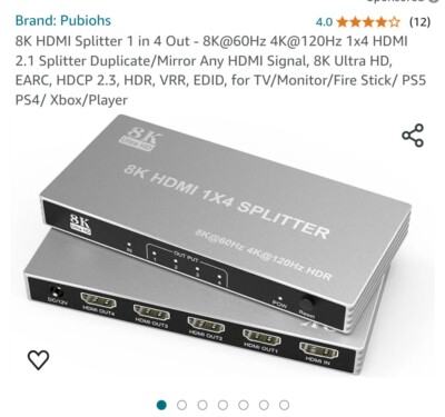 Pubiohs HDMI Splitter 8k@60hz 4k@ 1x4 HDMI 2.1 