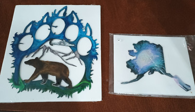 Bear Paw Mountain Scene & Alaska State Cutout   Enamel Aluminum Art Magnets