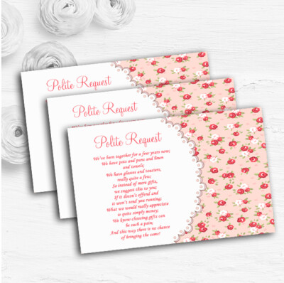 Rot und Koralle Rosa Blumen Shabby Chic Chintz Hochzeit Geschenk Geld Gedicht Karten
