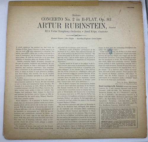 RUBINSTEIN Brahms: Concerto No. 2 1959 Vinyl LP RCA LSC-2296 - VG - Picture 2 of 6