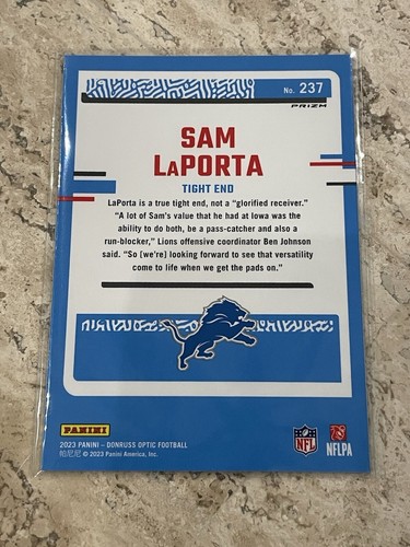 Sam LaPorta GREEN HYPER PRIZM 2023 Donruss Optic #237 Rated Rookie SP Lions - Picture 6 of 6