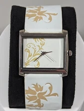 White Beige Dial Silver Tone Rectangle Case White Beige Etching Band Watch