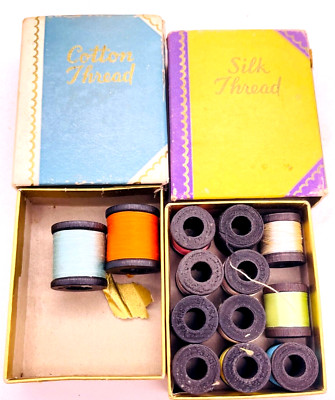 Dennison's SEWING THREAD Silk & Cotton Small Spools Slide-Open Boxes  2.25'' Tall