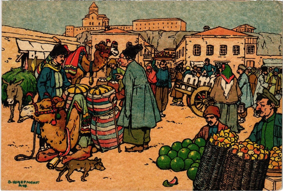 Tableau Signé – Scène De Marché à Tbilissi, Géorgie – Artiste Russe – Original