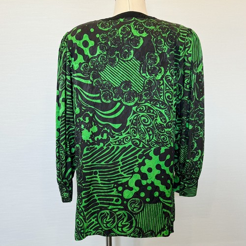 80s Diane Freis Silk Jacquard Green Bold Print Vintage Blouse Tunic Top Jacket - Picture 12 of 12