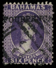 Bahamas Scott# 26, Used, Rare Stamp, Four Pence Surcharge, SCV $500 (54140)