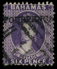 Bahamas Scott# 26, Used, Rare Stamp, Four Pence Surcharge, SCV $500 (54140)