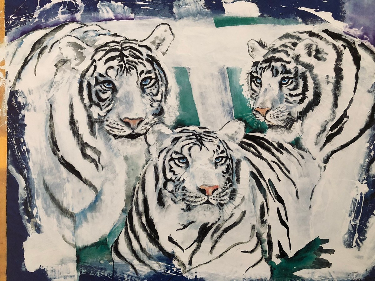 ROLF KNIE,THREE WHITE TIGERS,1993' RARE 1993 ART PRINT WITH COLOR