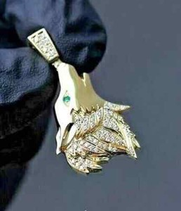 Authentic 1Ct Round Lab Created Diamond Emerald Men's Wolf Pendant 14K Yellow Gold Plated