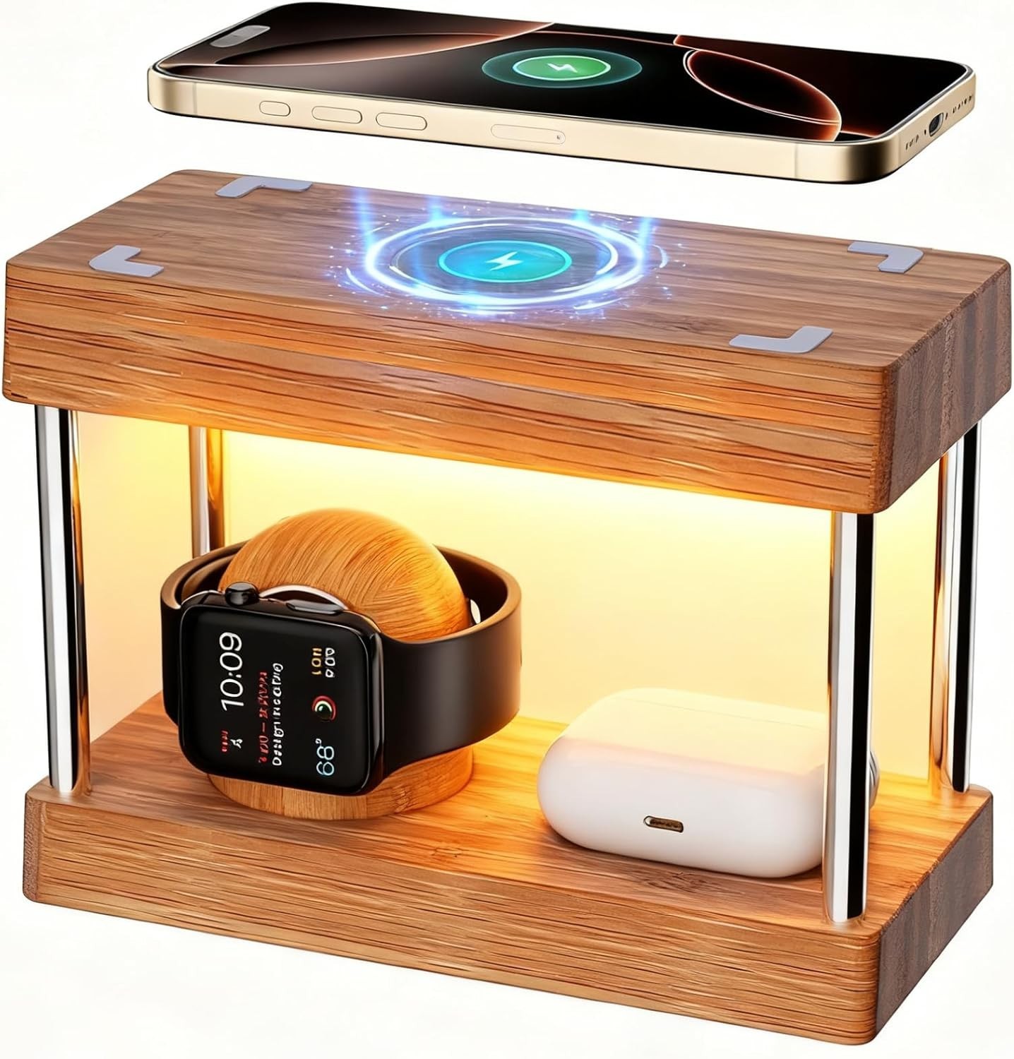 Bamboo Wireless Charging Station with Clock, Gifts for Her Him Bedside Light Ala