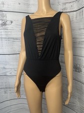 Victoria  s Secret Black One Piece Swimsuit Size M Mesh Plunge Backless Thong
