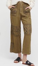 Free People We The Free Issa Cargo Pants Linen Olive Green Wide Leg Boho Sz 4