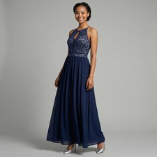 Morgan  Co Navy Lace Halter Maxi Prom Dress Keyhole Lace Up Back Juniors 15