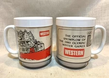 2 Vintage WESTERN Snowplow Thermo Serv Mugs Cups 1980 Olympics Snow Plowing Adv.