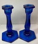 Vintage 7" Fenton Cobalt Blue Colonial Hexagon Candlestick Holders - Pair