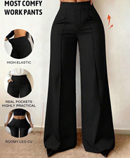 Women  s Solid Black Wide-Leg Dress Pants High Rise Elastic Waist Pockets M