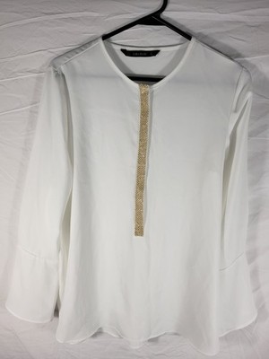 Zara Basic Women's White Blouse Medium M Gold Embellished Bell Sleeve Top NWT