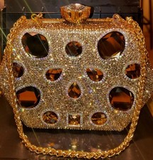 Gold Crystal-Encrusted Hexagon Evening Minaudi re Rhinestone Clutch with Chain