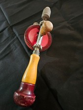 Vintage Hand Crank Egg Beater Style Drill Made In USA Wood Handle With 7Bits