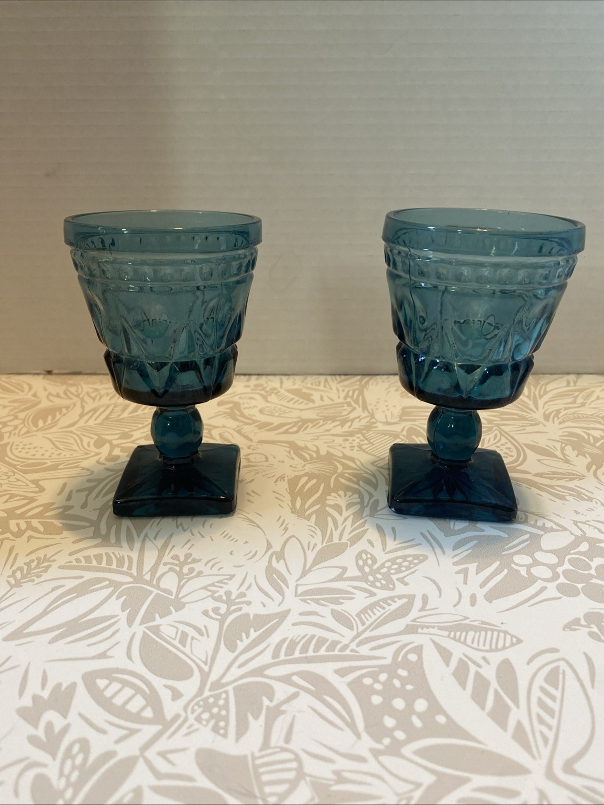 Vintage Indiana Glass Colony Park Lane Blue Teal Wine Water Goblet Set of 2