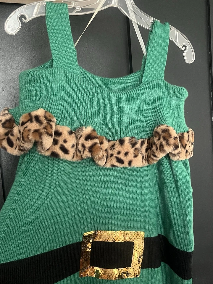 Vestido Holiday Time Elf con ribete de leopardo y campanas. Talla XL 16W-18W Foto 2 de 4