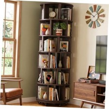 6-Tier Rotating Bookshelf Tower, Solid Wood 360 6 Tier, 76.6" H Black Walnut