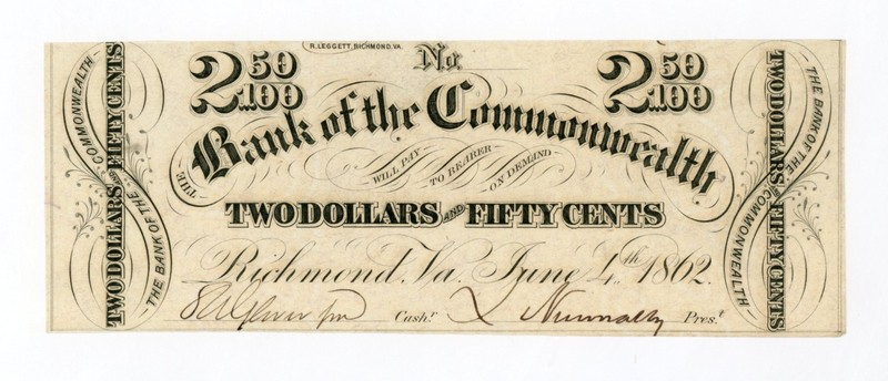 1862 $2.50 The Bank of the Commonwealth - VIRGINIA Note CIVIL WAR Era UNC