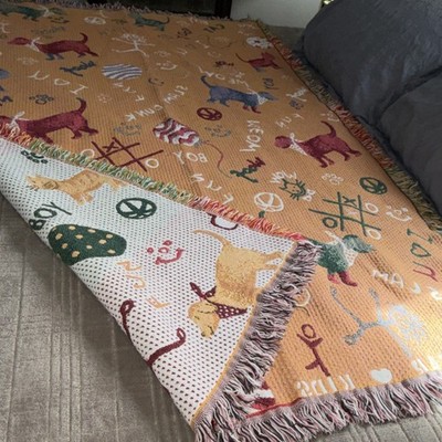 Dog and Cat Pattern Woven Throw Blanket Fringed Orange White Multicolor