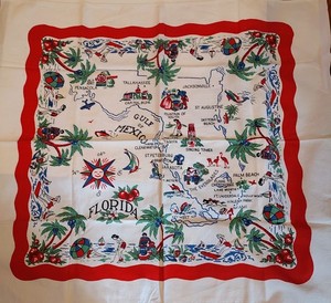 Vtg 40s 50s Belcrest Handprinted Florida Map Souvenir Tablecloth 36x32 Farmhouse