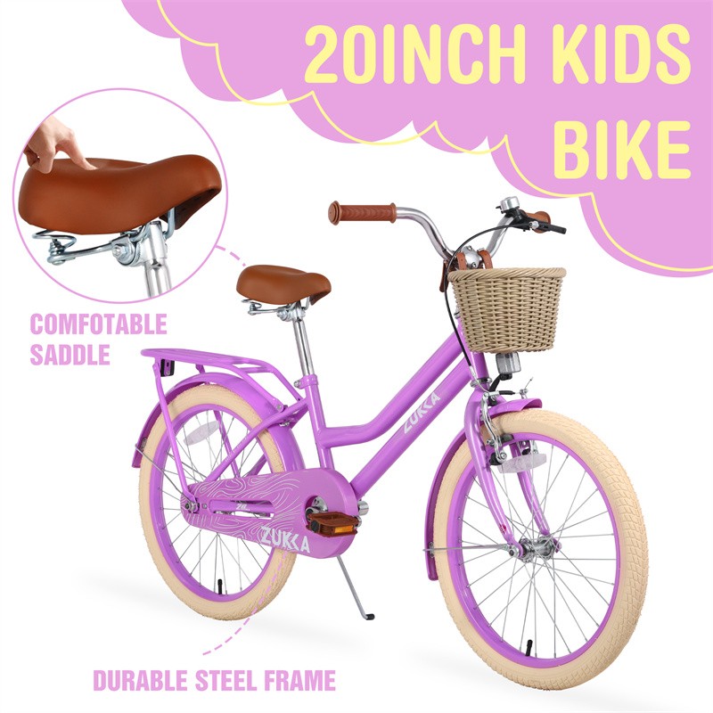 Purple 20in Kids Bike Single Speed Comfort Riding with Baske