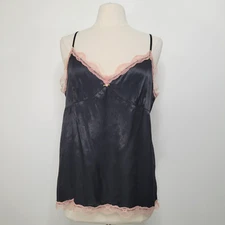 Vintage OLD NAVY Black Lace Trim Cami Size XL Satin Silky Rosette 00s Babydoll
