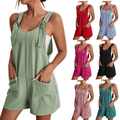 Scoop Neck Romper Jumpsuit With Pocket Ladies Tie Shoulder Overall Shorts