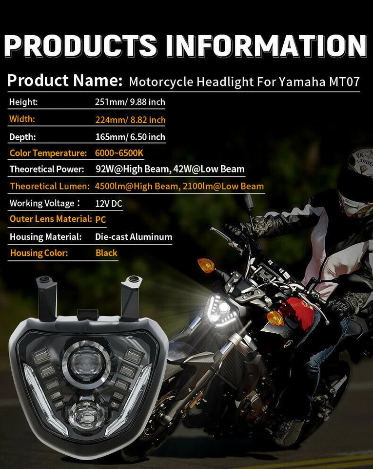 Proyector de faros LED con DRL para 2014 2015 2016 2017 Yamaha MT-07,MT07,FZ-07 Foto 2 de 4